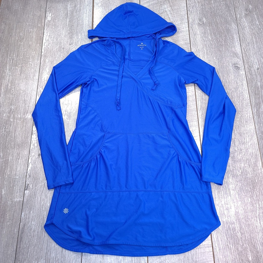 Athleta Swim Cover Up Dress Women Small Blue Crossover V-Neck Hoodie Activewear